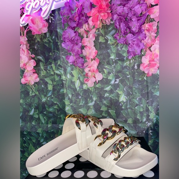 Off White Gold Chain Slip On Sandals - Picture 2 of 2